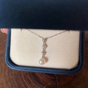 Mikimoto double pearl and diamond drop pendant necklace